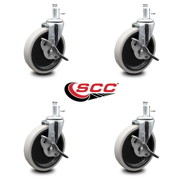 5 Inch Thermoplastic Wheel 10mm Threaded Stem Caster Set with Brakes SCC, 4PK